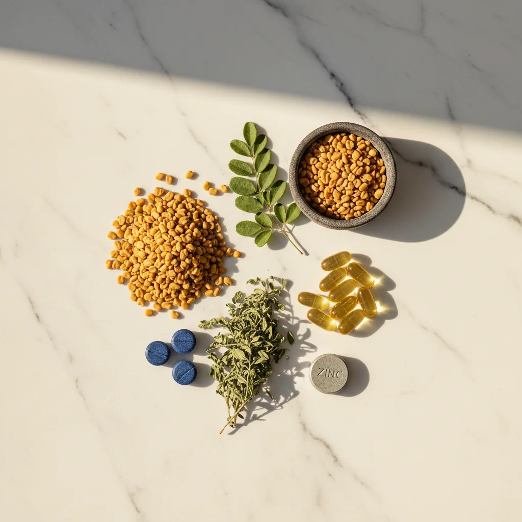 Fenugreek seeds and herb flat-lay - natural supplement ingredients